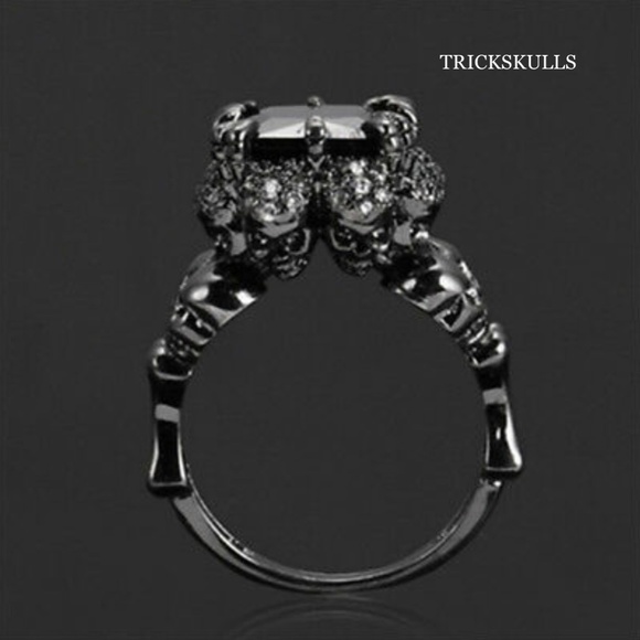 Four Skulls Black Anodized Sapphire Modern Gothic Punk Ring Size 7 8 9 10 New! - Picture 6 of 7